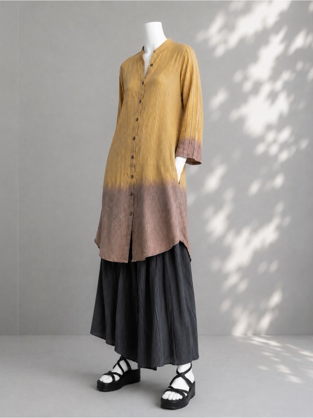 April Cornell Shirt Dress S Yellow Brown Ombre Striped Gauzy Button Cotton Shift